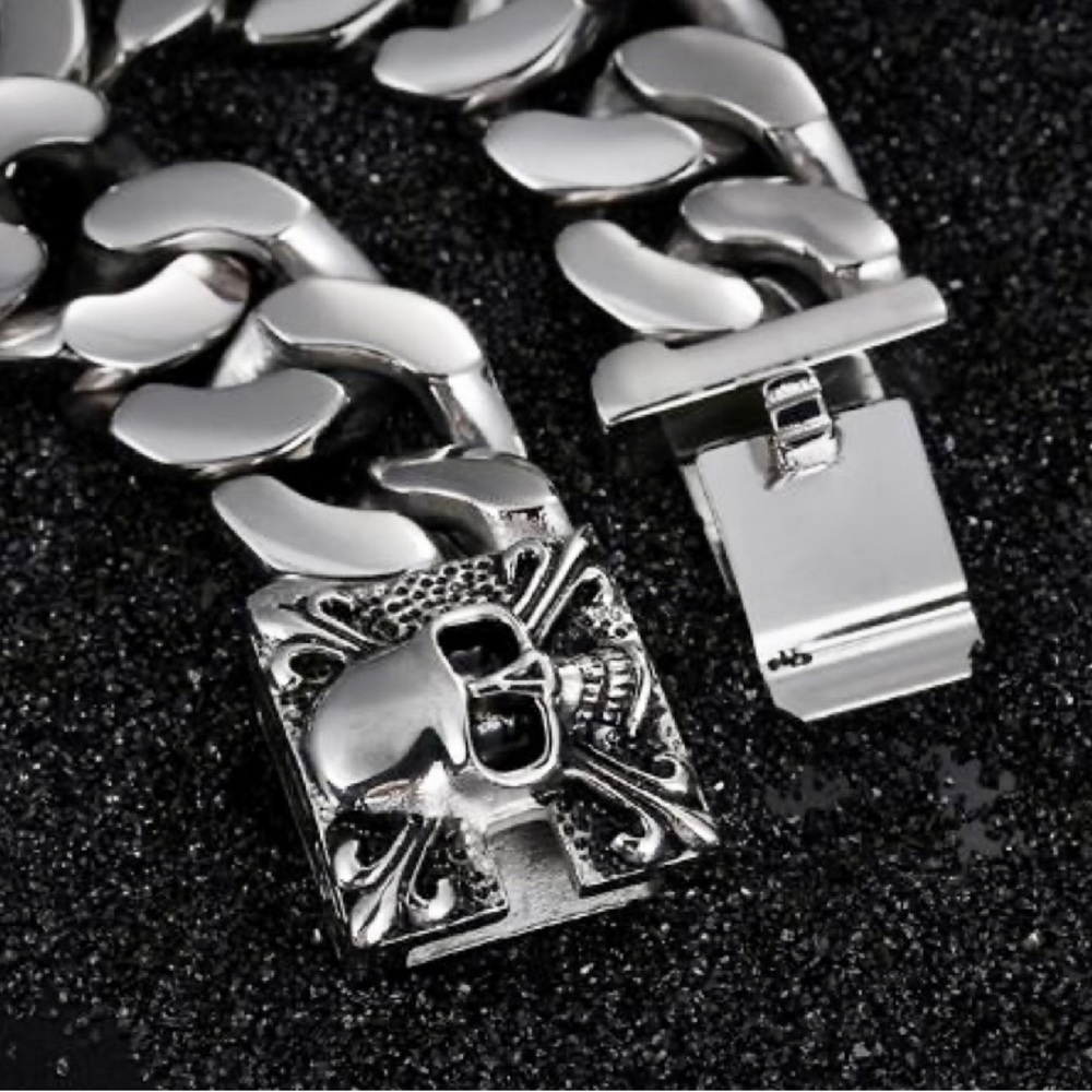Stainless Steel Men’s Heavy Duty Cuban Curb~Link Chain Skull Biker Bracelet☠️💀